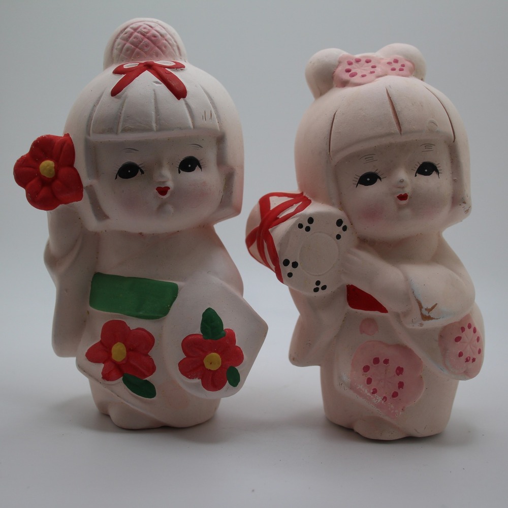 Vintage Japanese Girl Figurines Set‎ Ceramic Hand Painted Decor Kawaii